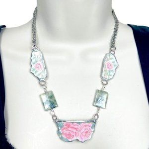 Artisan Antique Roses Broken Lynns China Necklace Hand Soldered Prenhite Stones